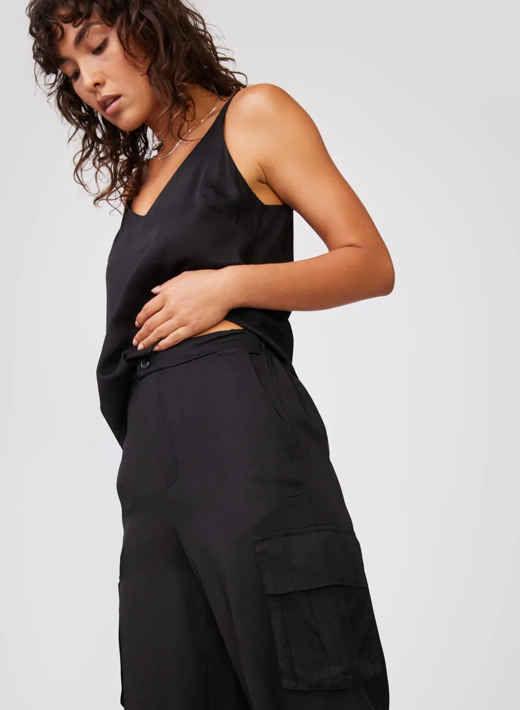 Viscose Satin Cargo Pant in Black