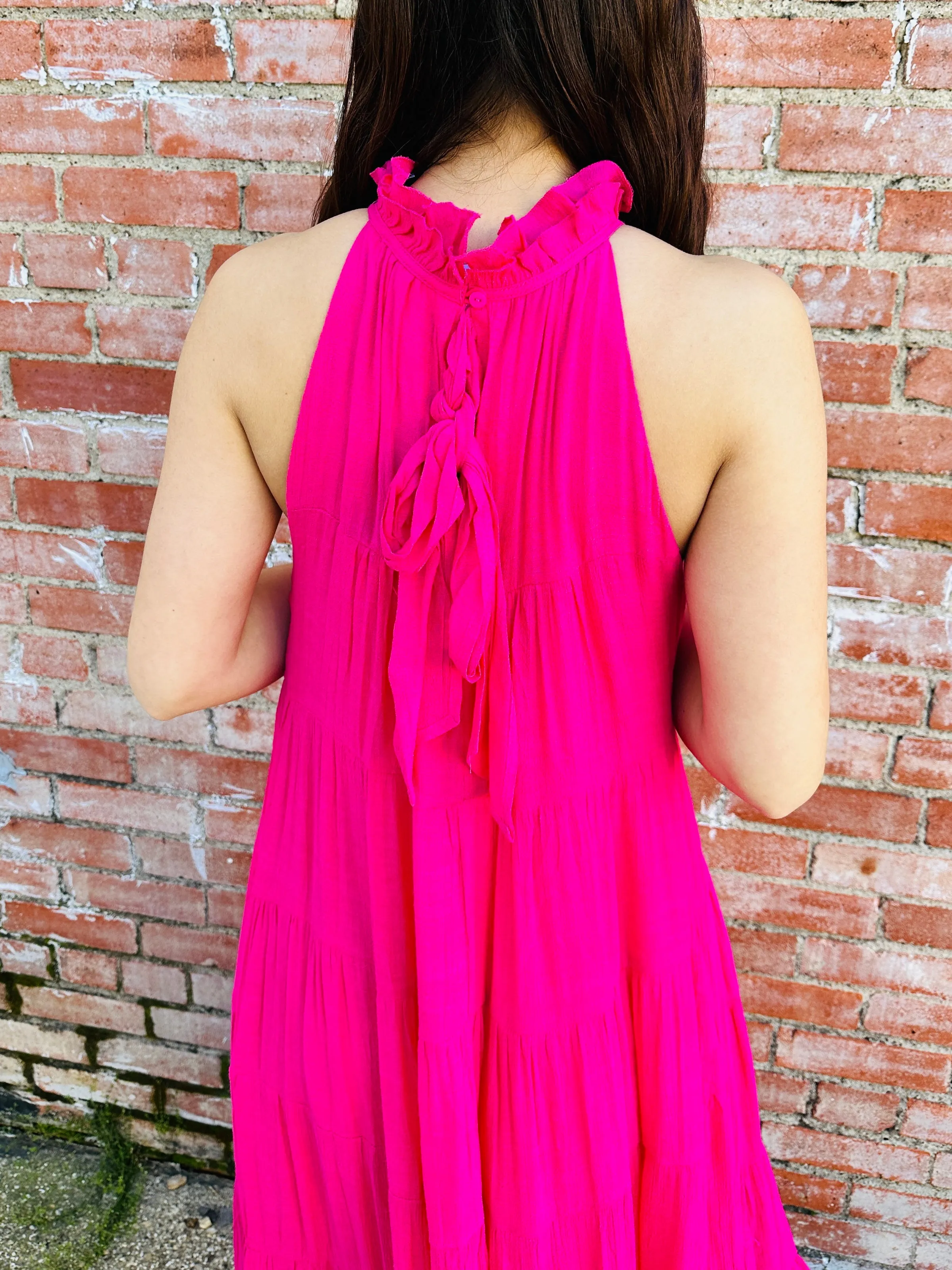 While We Wait Tiered Maxi Dress  Hot Pink