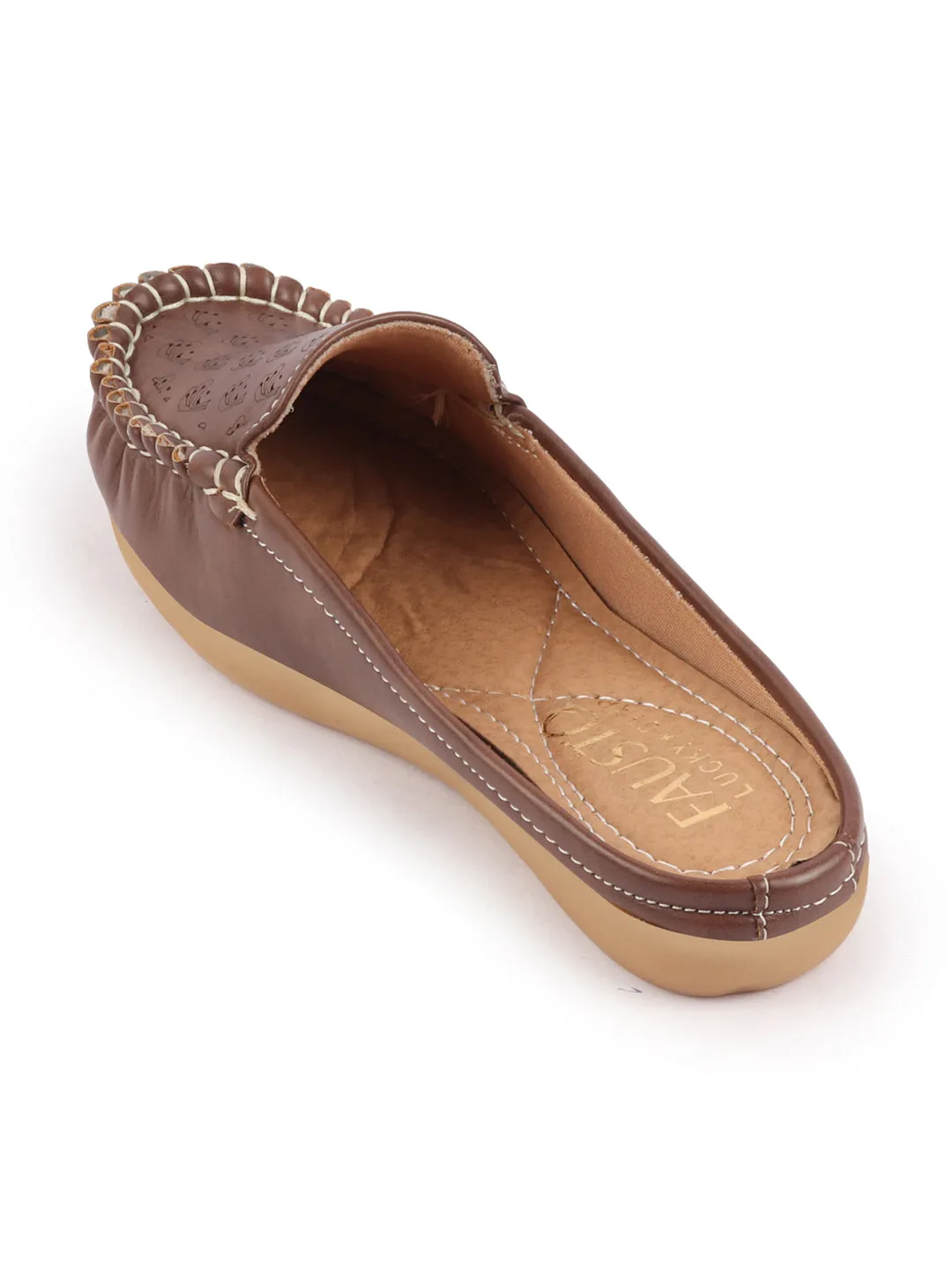 Women Brown Side Stitched Printed Back Open Slip On Mules Shoes