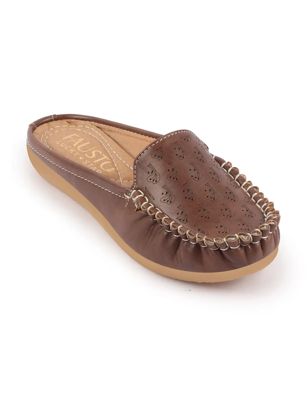 Women Brown Side Stitched Printed Back Open Slip On Mules Shoes