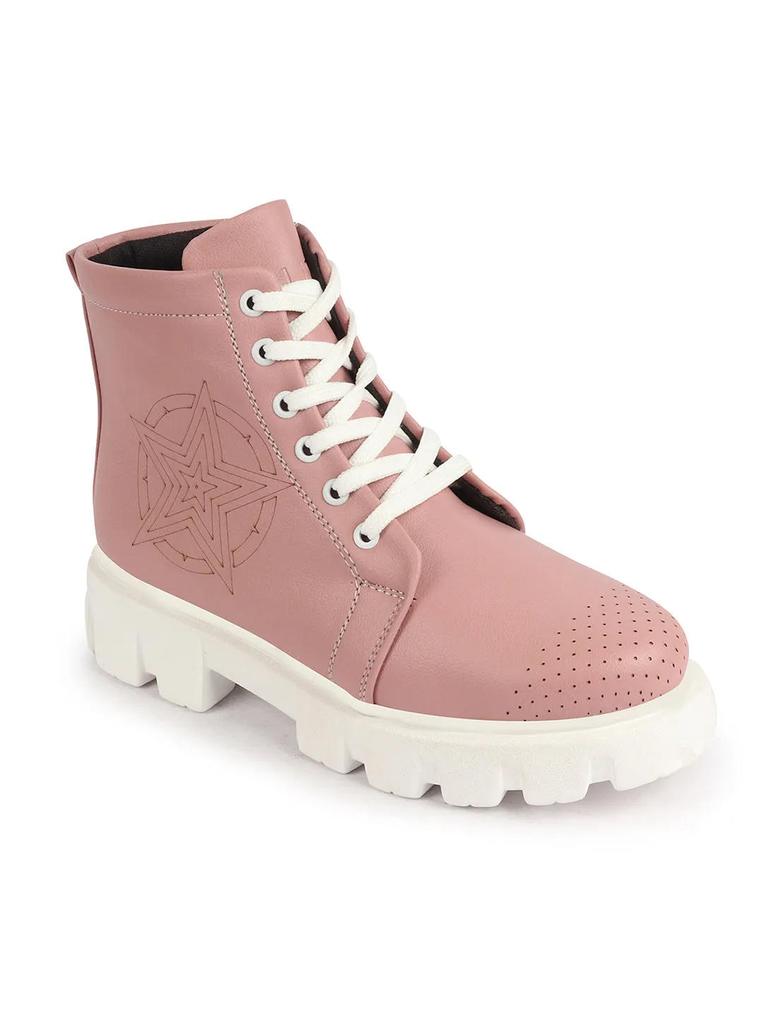 Women Peach Outdoor Winter High Top Chunky Lace Up Casual Boots